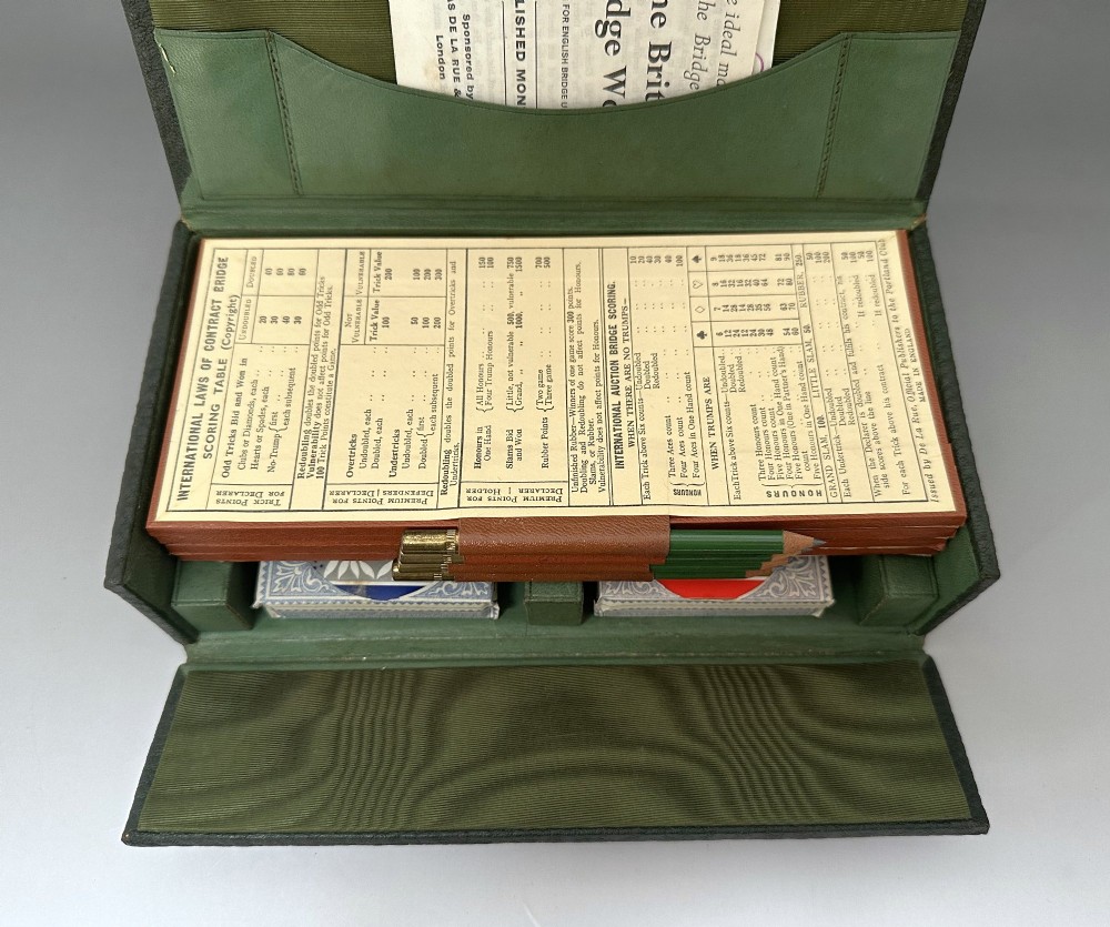 A dark green pebbled leather rectangular bridge box featuring applied silver script spelling Bridge on the top cover and a silver clasp closure. View VI