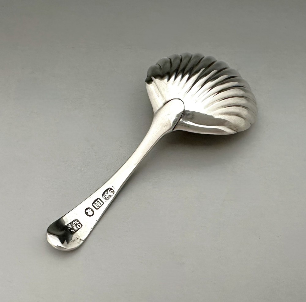 An 18th-century sterling silver caddy spoon featuring a fluted shell-shaped bowl and an intricately engraved handle. View III