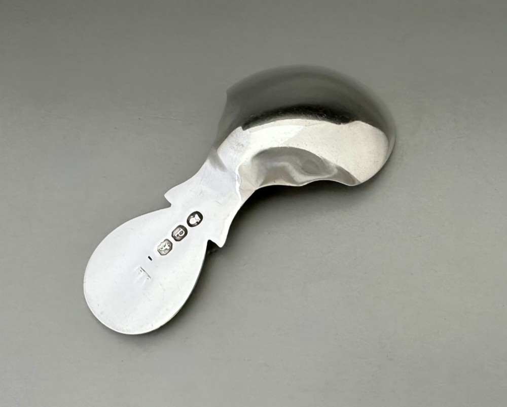 A Regency sterling silver caddy spoon featuring a polished shovel bowl and an oval handle decorated with a beaded edge. View III