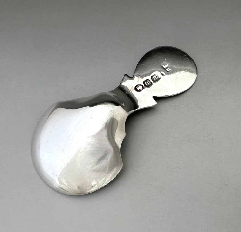 A Regency sterling silver caddy spoon featuring a polished shovel bowl and an oval handle decorated with a beaded edge. View IV