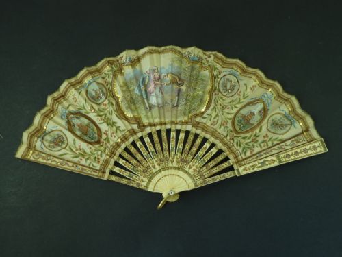 hand painted fan european sequin signed poutnel eventail duvelleroy boxed - CATEGORY: ANTIQUE MISCELLANEOUS - DATED 1900