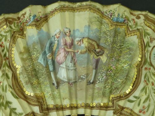 HAND PAINTED FAN EUROPEAN SEQUIN SIGNED POUTNEL EVENTAIL DUVELLEROY BOXED - ADDITIONAL PHOTO 1