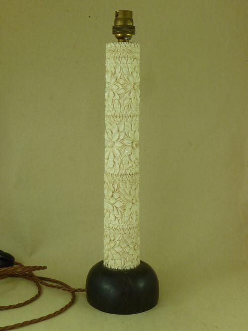 ANGLO INDIAN CARVED IVORY EBONY ELECTRIC TABLE LAMP - ADDITIONAL PHOTO 3