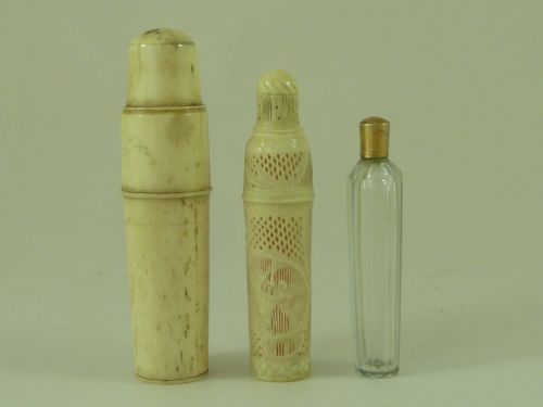 french dieppe carved bone ivory cased vermeil cut glass perfume scent bottle antique - CATEGORY: ANTIQUE MISCELLANEOUS - DATED 18TH CENTURY