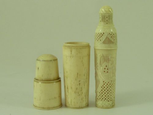 FRENCH DIEPPE CARVED BONE IVORY CASED VERMEIL CUT GLASS PERFUME SCENT BOTTLE ANTIQUE - ADDITIONAL PHOTO 2