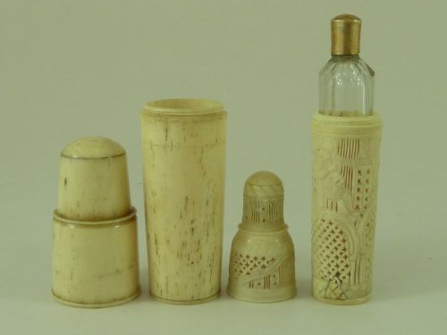 FRENCH DIEPPE CARVED BONE IVORY CASED VERMEIL CUT GLASS PERFUME SCENT BOTTLE ANTIQUE - ADDITIONAL PHOTO 3