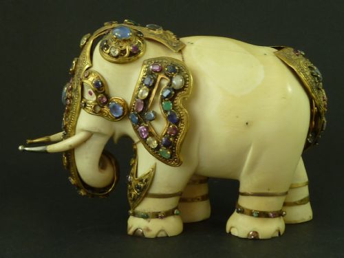 large sri lanka carved ivory jewel encrusted elephant antique - CATEGORY: ANTIQUE SCULPTURES - DATED 1900