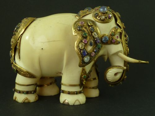 LARGE SRI LANKA CARVED IVORY JEWEL ENCRUSTED ELEPHANT ANTIQUE - ADDITIONAL PHOTO 2