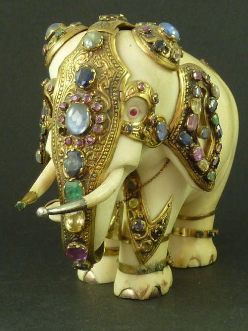 LARGE SRI LANKA CARVED IVORY JEWEL ENCRUSTED ELEPHANT ANTIQUE - ADDITIONAL PHOTO 5