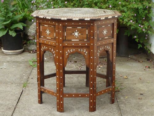 anglo indian sandalwood bone inlaid folding octagonal chess table moorish medium antique - CATEGORY: ANTIQUE TABLES - DATED 1880