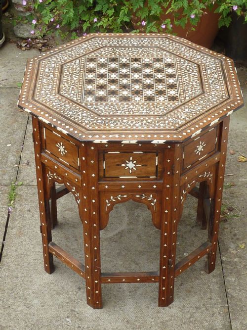 ANGLO INDIAN SANDALWOOD BONE INLAID FOLDING OCTAGONAL CHESS TABLE MOORISH MEDIUM ANTIQUE - ADDITIONAL PHOTO 1
