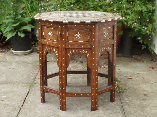 ANGLO INDIAN SANDALWOOD BONE INLAID FOLDING OCTAGONAL CHESS TABLE MOORISH MEDIUM ANTIQUE - ADDITIONAL PHOTO 3
