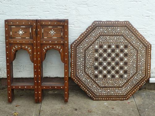 ANGLO INDIAN SANDALWOOD BONE INLAID FOLDING OCTAGONAL CHESS TABLE MOORISH MEDIUM ANTIQUE - ADDITIONAL PHOTO 5
