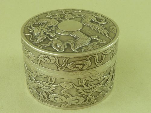 CHINESE EXPORT SILVER BOX DRAGONS PEARLS TRINKET MARKED TC ANTIQUE - ADDITIONAL PHOTO 2