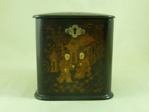 chinoiserie papier mache lacquer tea caddy european painted antique chinese taste cube victorian 19th century tin foil lined - CATEGORY: ANTIQUE BOXES - DATED 1870
