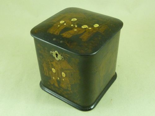 CHINOISERIE PAPIER MACHE LACQUER TEA CADDY EUROPEAN PAINTED ANTIQUE CHINESE TASTE CUBE VICTORIAN 19TH CENTURY TIN FOIL LINED - ADDITIONAL PHOTO 1