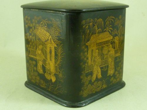 CHINOISERIE PAPIER MACHE LACQUER TEA CADDY EUROPEAN PAINTED ANTIQUE CHINESE TASTE CUBE VICTORIAN 19TH CENTURY TIN FOIL LINED - ADDITIONAL PHOTO 2