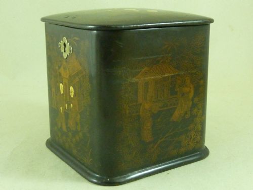 CHINOISERIE PAPIER MACHE LACQUER TEA CADDY EUROPEAN PAINTED ANTIQUE CHINESE TASTE CUBE VICTORIAN 19TH CENTURY TIN FOIL LINED - ADDITIONAL PHOTO 3