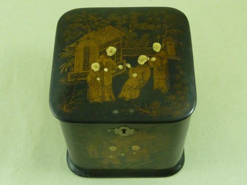 CHINOISERIE PAPIER MACHE LACQUER TEA CADDY EUROPEAN PAINTED ANTIQUE CHINESE TASTE CUBE VICTORIAN 19TH CENTURY TIN FOIL LINED - ADDITIONAL PHOTO 4