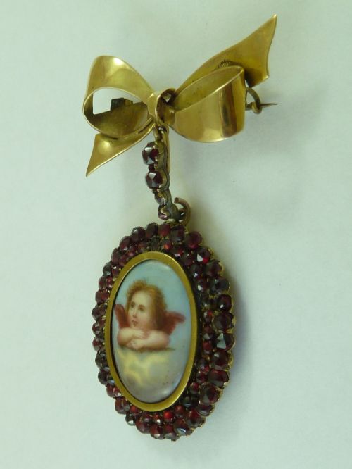 GOLD GARNET REYNOLDS ANGEL PLAQUE PENDANT BROOCH VICTORIAN BOW PIN - ADDITIONAL PHOTO 1