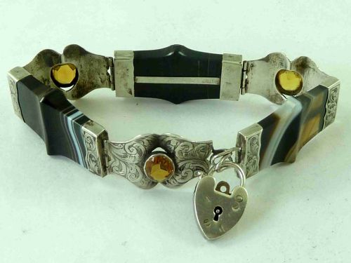 victorian sterling silver scottish citrine banded agate hardstone bracelet - CATEGORY: ANTIQUE JEWELLERY - DATED 1890