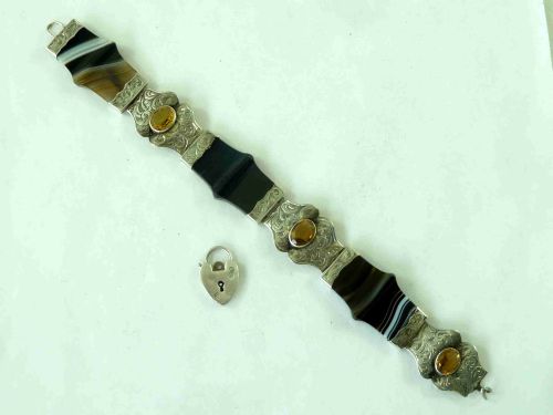 VICTORIAN STERLING SILVER SCOTTISH CITRINE BANDED AGATE HARDSTONE BRACELET - ADDITIONAL PHOTO 1