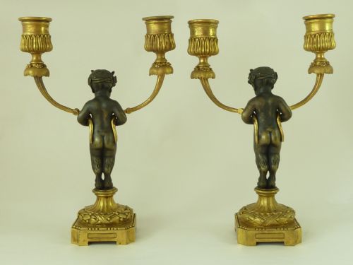 PAIR GILT BRONZE FIGURAL CANDELABRA FRENCH EMPIRE FAUNES ANTIQUE - ADDITIONAL PHOTO 1
