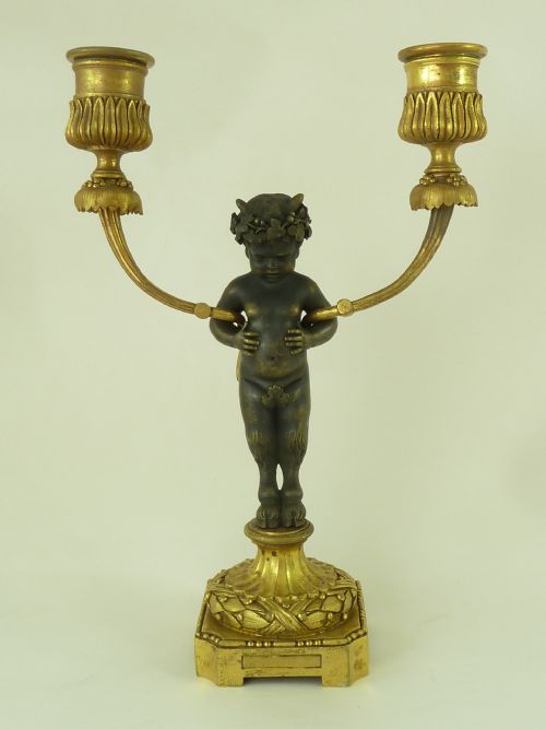 PAIR GILT BRONZE FIGURAL CANDELABRA FRENCH EMPIRE FAUNES ANTIQUE - ADDITIONAL PHOTO 2