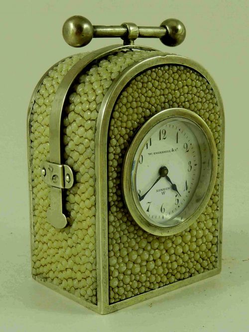 rare miniature 1880 english silver carriage clock shagreen thornhill london - CATEGORY: ANTIQUE CLOCKS - DATED 1880