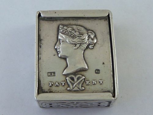 macneills patent postage stamp applicator silver stamp dispenser box 1869 - CATEGORY: ANTIQUE SILVER - DATED 1870