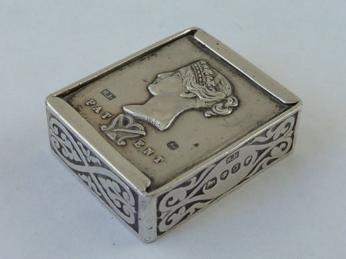 MACNEILLS PATENT POSTAGE STAMP APPLICATOR SILVER STAMP DISPENSER BOX 1869 - ADDITIONAL PHOTO 1