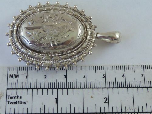 SILVER PENDANT PHOTO LOCKET SOLID STERLING ENGRAVED SONG BIRD VICTORIAN - ADDITIONAL PHOTO 5