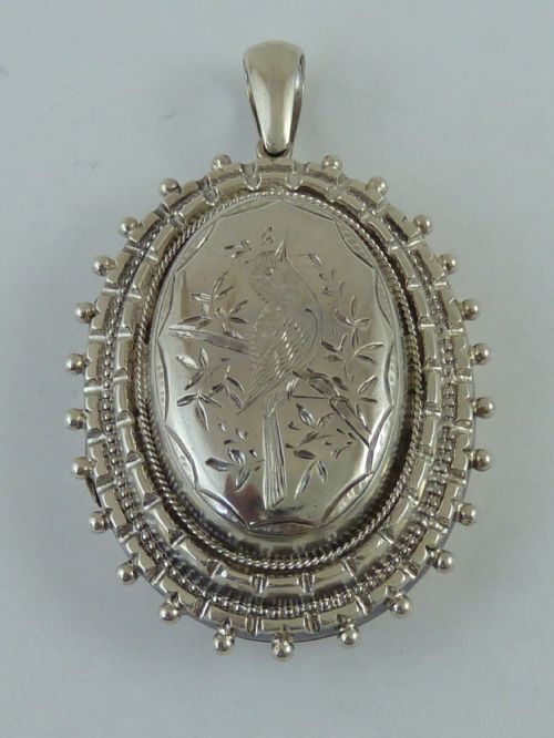 silver pendant photo locket solid sterling engraved song bird victorian - CATEGORY: ANTIQUE SILVER - DATED 1900