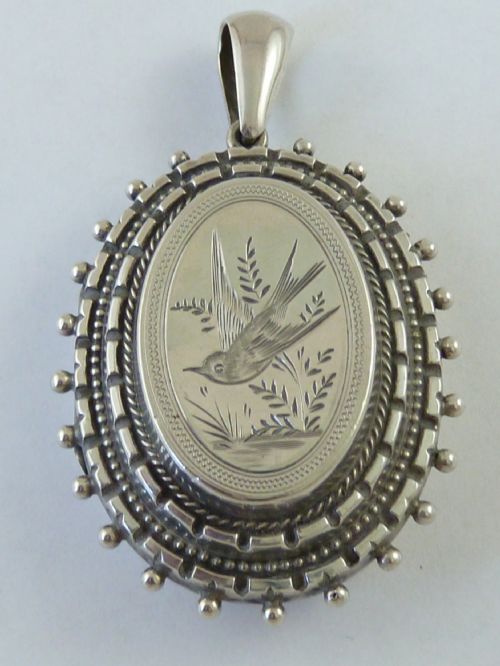 silver swallow pendant photo locket solid sterling engraved bird victorian - CATEGORY: ANTIQUE SILVER - DATED 1890