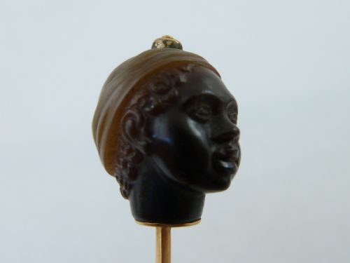 CARVED HARDSTONE BLACKAMOOR HEAD GOLD STICK STOCK PIN AGATE BROOCH - ADDITIONAL PHOTO 5