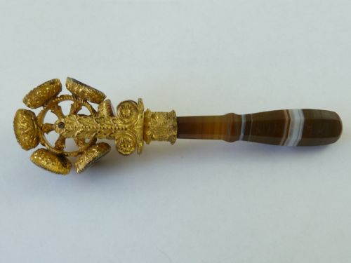 wheel letter seal gilt brass agate glass victorian wax intaglio - CATEGORY: ANTIQUE MISCELLANEOUS - DATED 19TH CENTURY