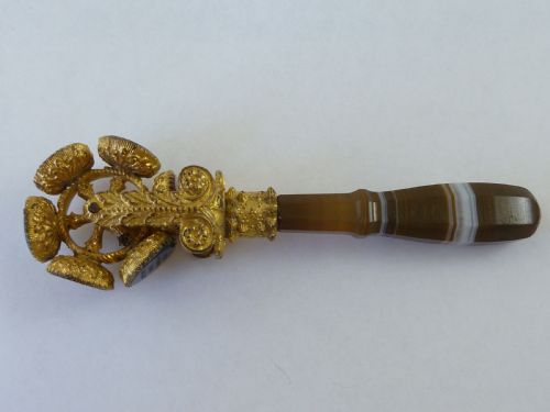 WHEEL LETTER SEAL GILT BRASS AGATE GLASS VICTORIAN WAX INTAGLIO - ADDITIONAL PHOTO 1