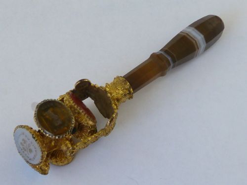 WHEEL LETTER SEAL GILT BRASS AGATE GLASS VICTORIAN WAX INTAGLIO - ADDITIONAL PHOTO 2