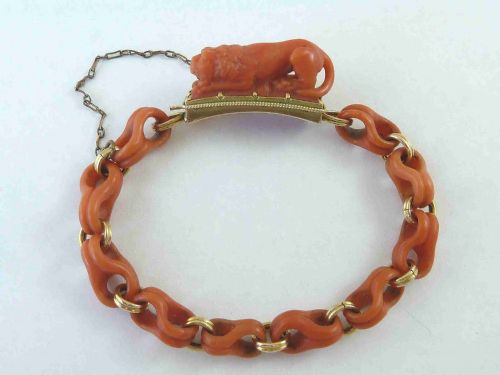 REGENCY CARVED RED CORAL PROWLING LION BRACELET GOLD MOUNTED - ADDITIONAL PHOTO 1