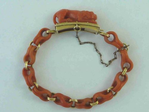 REGENCY CARVED RED CORAL PROWLING LION BRACELET GOLD MOUNTED - ADDITIONAL PHOTO 2