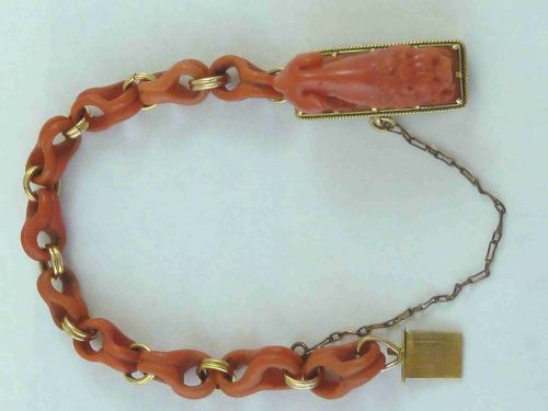 REGENCY CARVED RED CORAL PROWLING LION BRACELET GOLD MOUNTED - ADDITIONAL PHOTO 3