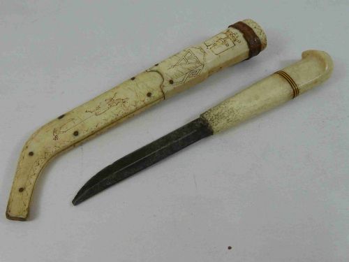 INUIT CARVED REINDEER ANTLER HORN SHEATH KNIFE SCRIMSHAW SAMI LAPLAND ESKIMO - ADDITIONAL PHOTO 3