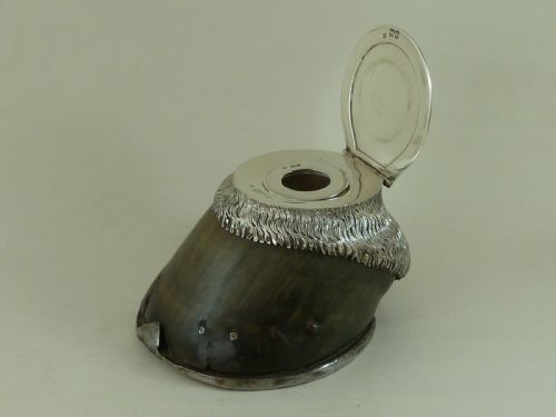 VICTORIAN HORSE HOOF HALLMARKED SILVER INKWELL JACK SPRAT 1887 TAXIDERMY - ADDITIONAL PHOTO 1