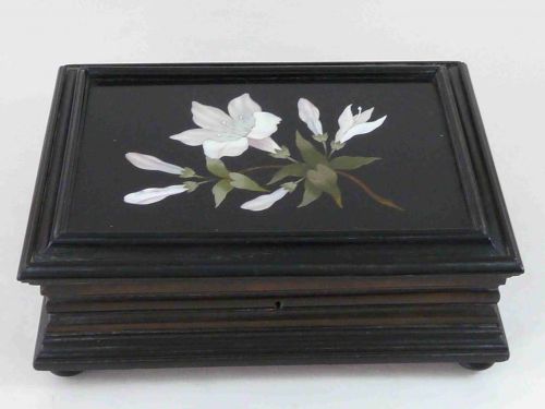 large italian pietra dura mounted ebony jewellery box antique - CATEGORY: ANTIQUE BOXES - DATED 1880