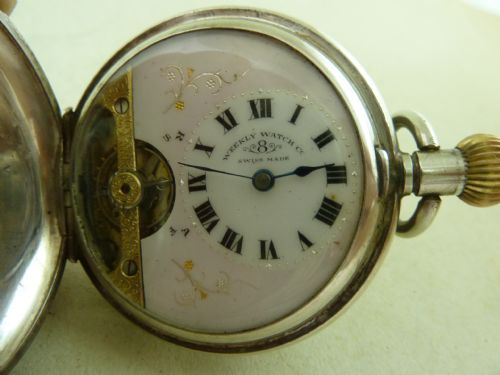SWISS 8 DAY VISIBLE ESCAPEMENT FULL HUNTER POCKET WATCH 925 STERLING SILVER LONDON 1915 HEBDOMAS WEEKLY WATCH CO - ADDITIONAL PHOTO 2