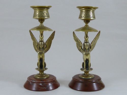 EGYPTIAN REVIVAL SPHINX CANDLESTICKS RED MARBLE FRENCH SPHYNX VICTORIAN - ADDITIONAL PHOTO 1