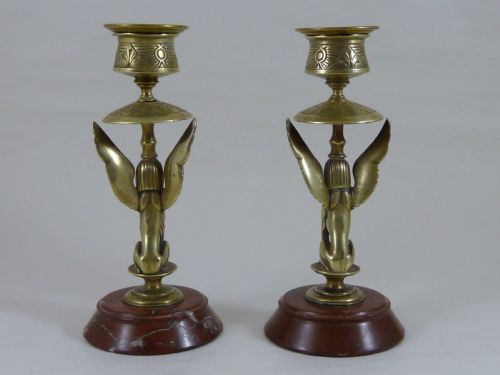 EGYPTIAN REVIVAL SPHINX CANDLESTICKS RED MARBLE FRENCH SPHYNX VICTORIAN - ADDITIONAL PHOTO 2