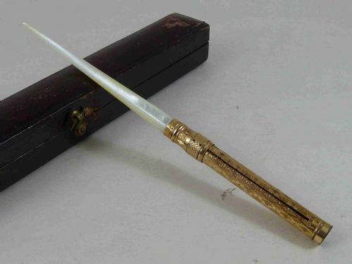 AIKIN LAMBERT BOXED ROLLED GOLD MOP INK DIP PEN RETRACTABLE MOTHER OF PEARL ANTIQUE - ADDITIONAL PHOTO 7