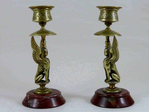 egyptian revival sphinx candlesticks red marble french sphynx victorian - CATEGORY: ANTIQUE LIGHTING - DATED 1860