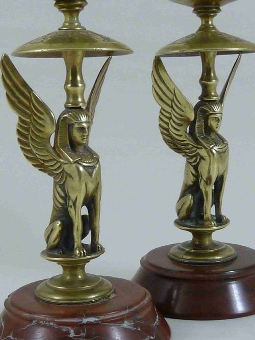 EGYPTIAN REVIVAL SPHINX CANDLESTICKS RED MARBLE FRENCH SPHYNX VICTORIAN - ADDITIONAL PHOTO 3